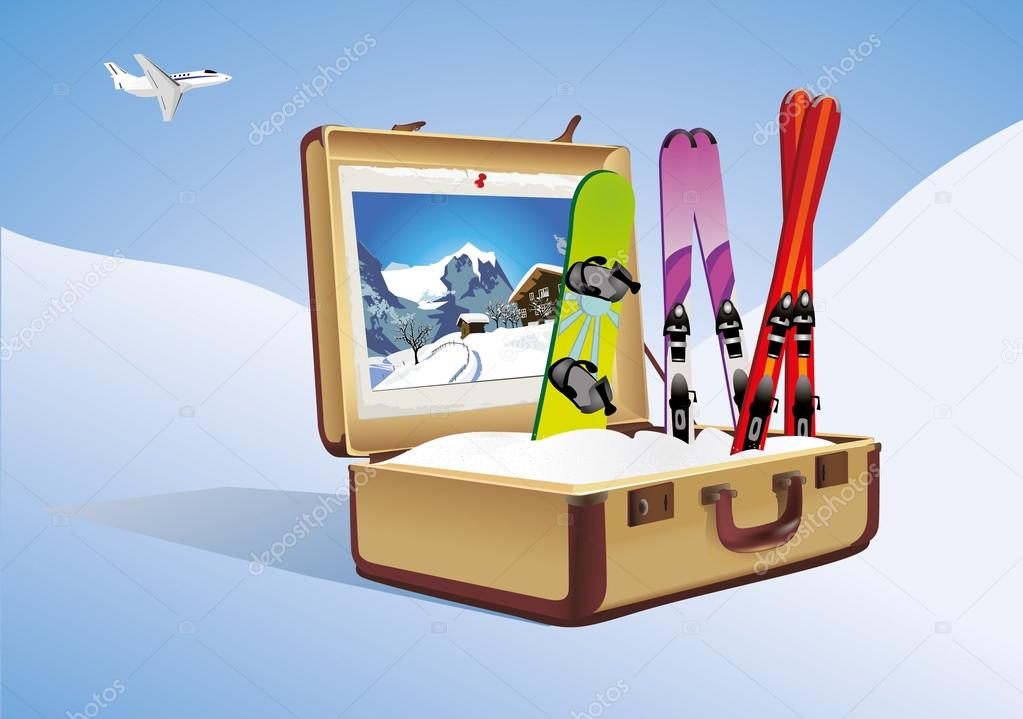 SNOWBOARD AND SKIS IN A SUITCASE UNDER A PLANE