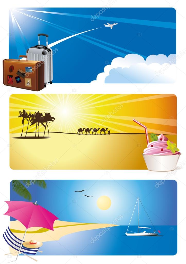 COLLAGE OF AIRPORT, DESSERT ICE CREAM, AND TROPICAL BEACH TRAVEL WEBSITE HEADER BANNERS