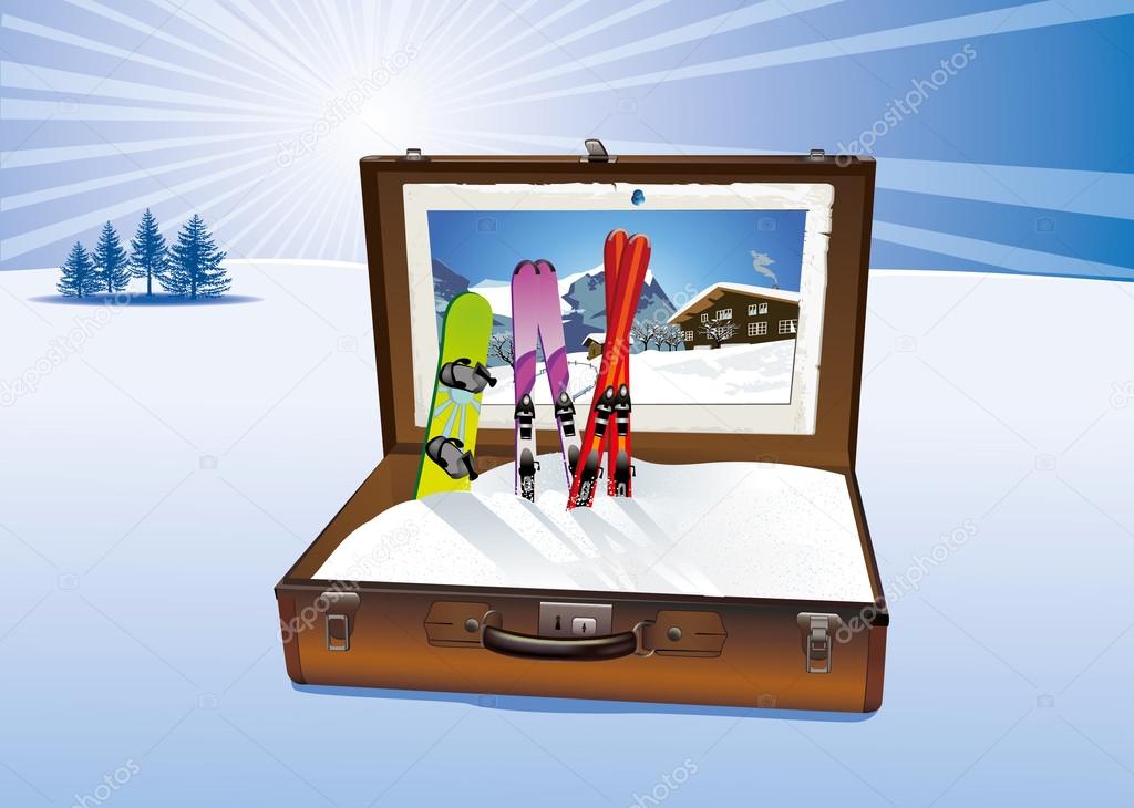 ILLUSTRATION OF A SNOWBOARD AND SKIS IN A SUITCASE IN A WINTER LANDSCAPE