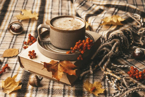 Stimmungsvolle Gemütliche Herbstkomposition Heiße Tasse Kaffee Buch Herbstblätter Kastanien Eschen — Stockfoto