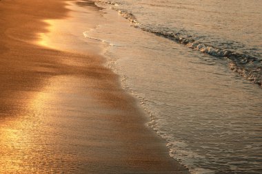 Wet sand with glittering sea wave at the beach in the light of setting sun. The suns light is reflecting like a golden glitter from the sand surface. Golden nature background. Seaside holiday