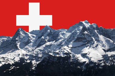 Eiger Monk ve Jungfrau dağları İsviçre alplerinde, İsviçre bayrağı gökyüzünde büyük kırmızı ve beyaz haç sembolü, fotoğraf kompozisyonu