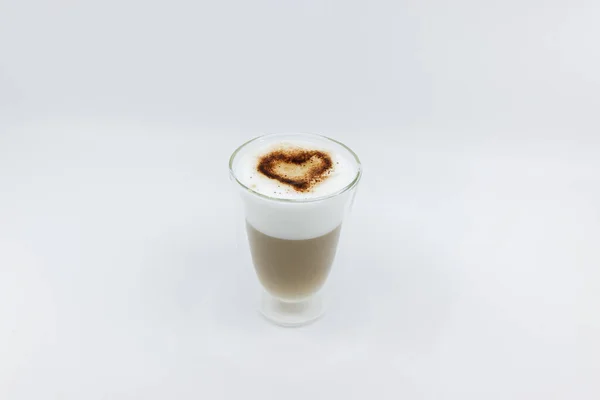Milk Foam Coffee Latte Macchiato Chocolate Powder Heart Shape Foam — Stock Photo, Image