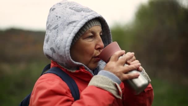 Közelről a női túrázó iszik forró teát termoszból őszi erdőben. Kempingezés, természetturizmus koncepció. Hideg utcai időjárás — Stock videók
