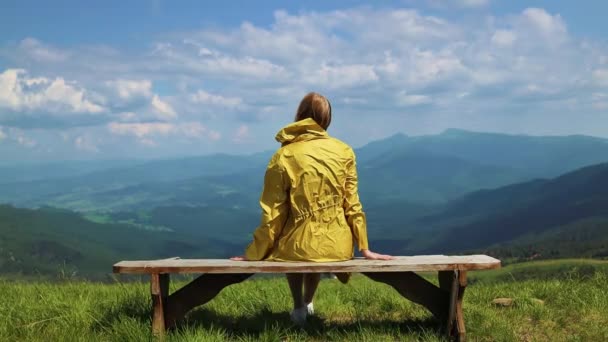 Visão traseira do jovem viajante sentado no banco perto da estrada desfrutando de belas montanhas vista paisagem — Vídeo de Stock