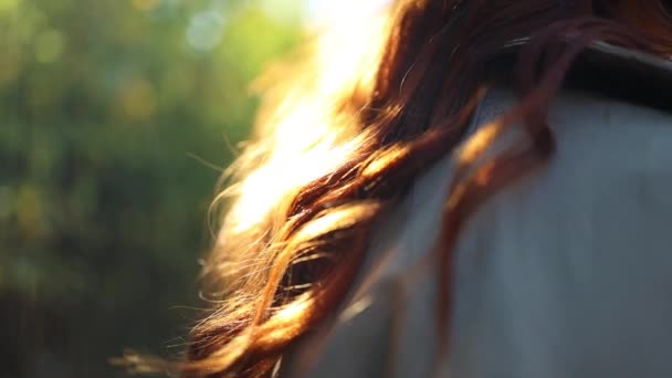 太陽の光に対して風にゆっくりと動きになびく若い白人女性の金の髪のクローズアップ — ストック動画