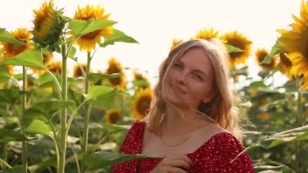 Кавказька блондинка молоденька жінка на сонячному полі. Літні канікули, відпустка, відпочинок і спосіб життя.. — стокове відео