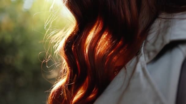 Kvinnelig hår flyr i vinden i solskinn – stockvideo