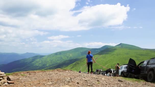 カルパティア ウクライナ 2021年7月11日 人々は山の中でハイキングします 犬と女の子の観光客のバックビューは キャラバンで緑の丘に沿って歩く — ストック動画