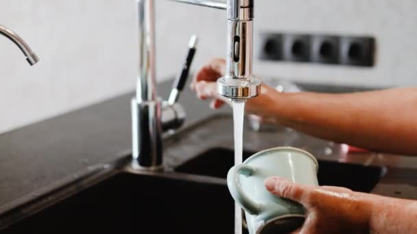 年轻妇女在洗碗槽处用海绵洗手 清洁杂务 — 图库视频影像
