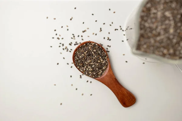 Chia Seeds Wooden Spoon Cup Top View Space White Background — Stock Photo, Image