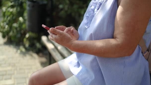 Woman use of mobile phone on a bench on a summer sunny day. Technology communication concept — Stock Video