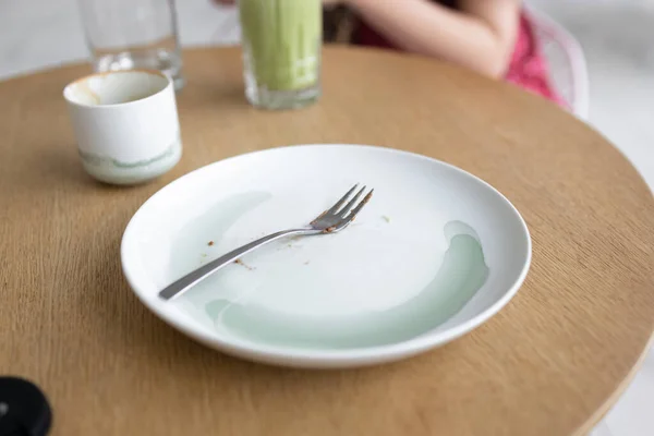 Used Empty Cup Coffee White Dirty Plate Fork Wooden Table — Stock Photo, Image