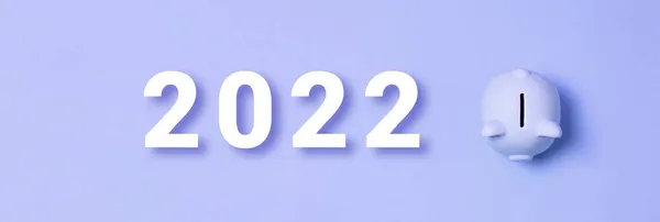 நீல காகித பின்னணியில் அழகான பன்றி வங்கி. 2022 சேமிப்பு மற்றும் முதலீட்டு கருத்து. பிளாட் லே மேல் பார்வை நகல் இடம் — ஸ்டாக் புகைப்படம்