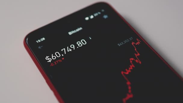 Mobiele telefoon investeren toepassing op een tafel. Beursinvesteringen en handel cryptogeld — Stockvideo