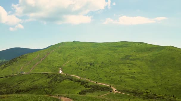 Εκτός δρόμου βόλτες με το αυτοκίνητο μέσα από τα βουνά. Ουκρανικά Καρπάθια Όρη. Φωτεινή θέα πανόραμα φύση — Αρχείο Βίντεο
