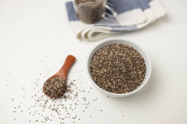 Tahta kaşık ve fincandan Chia tohumları beyaz arkaplanlı, kopya alanı olan, yukarıdan görünüm