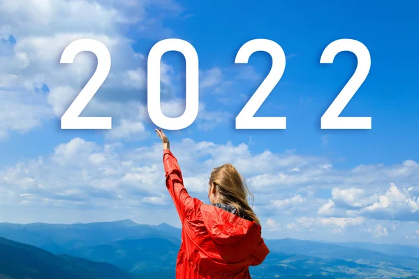 Geschäftsfrau Zeigt Hand Hand Ein Erfolgreiches Frohes Neues Jahr 2022 — Stockfoto