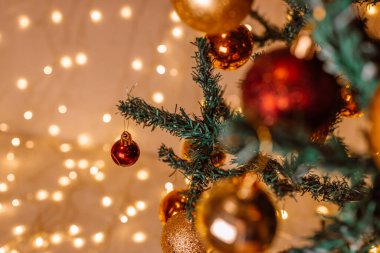 Köknar dallı Noel afişi, arka planda fotokopi alanı ile süslenmiş kırmızı altın top süslemeleri. Seçici odak