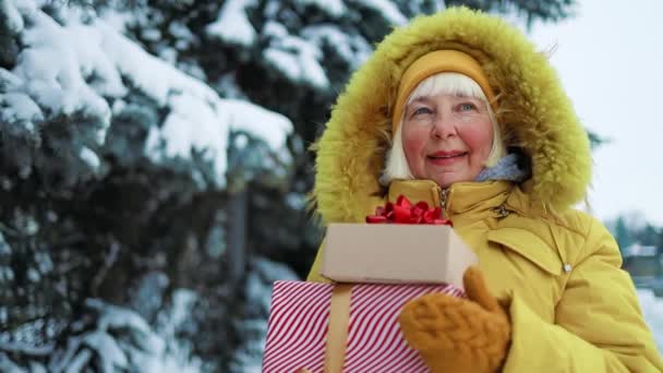 黄色の服を着た肯定的な50年代の女性はクリスマスツリーの背景に彼女の手にクリスマスプレゼントボックスを保持しています。冬休みの準備. — ストック動画