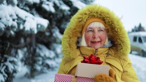 黄色の服を着た白人の笑顔の50人の女性は、クリスマスツリーの背景に彼女の手にクリスマスプレゼントボックスを持っています。冬休みの準備. — ストック動画