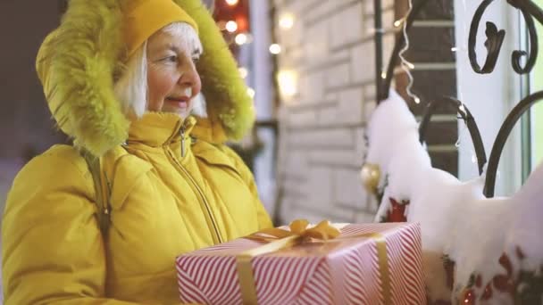 Gros plan portrait d'une séduisante femme âgée avec coffret cadeau à la recherche et rêvant à la vitrine sur le marché de Noël en ville d'hiver. Noel et Nouvel An concept — Video