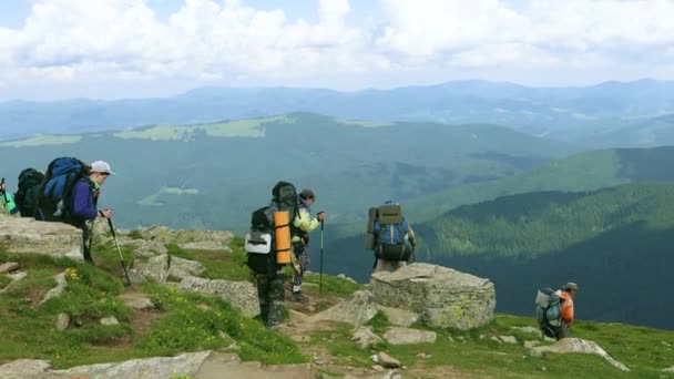 Large group of happy hiker tourists with large sports backpacks on top of the mountain. Active life concept. Carpathians in Ukraine, Europe — Stock videók