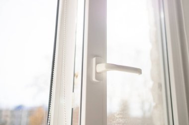 Evinde orman geçmişi olan beyaz plastik bir PVC pencere. Cama vuran güneş ışığı