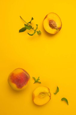 Flat lay composition with peaches organic vegan fruit. Top view fresh organic fruit food with copy space