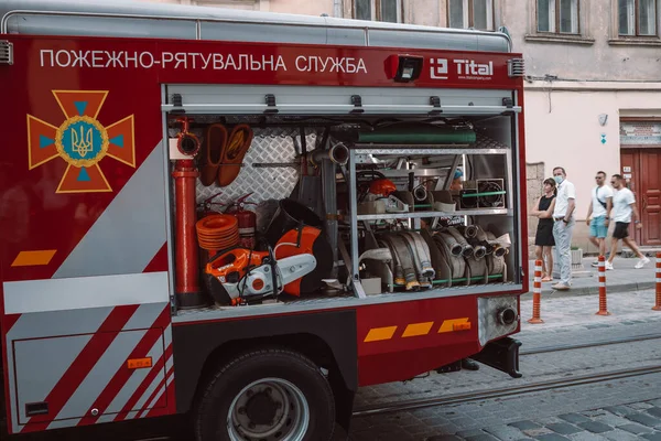 Lviv Ukraine July 2021 Red Fire Trucks Car City Street — Stock fotografie