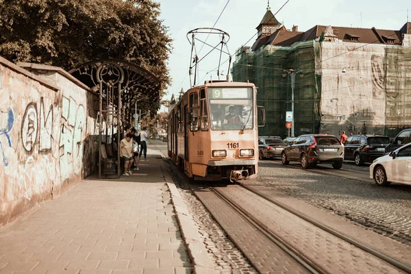 Lviv Ukraine July 2021 Yellow Tram Central Square Summer City — Foto de Stock