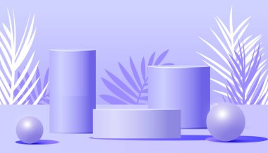 Arka planda üç tane boş veri peri renk podyumu var. Ürün sunumu için model standı. 3 boyutlu görüntüleme. Minimum konsept. Kozmetik sunumu için arkaplan
