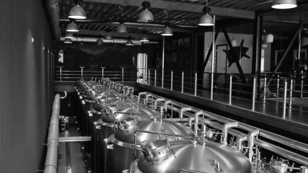 Craft beer production line in private microbrewery. Modern beer plant with brewering kettles, tubes and tanks made of stainless steel — Vídeo de Stock