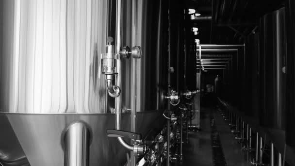 Линия ремесленного пива на частном микропивоварне. Современный пивной завод с пивоваренными чайниками, трубами и резервуарами из нержавеющей стали — стоковое видео