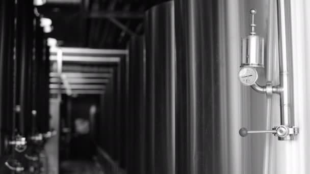 Magánkézben lévő sörfőzde. Modern sörgyár sörfőző vízforralóval, rozsdamentes acélból készült csövekkel és tartályokkal — Stock videók