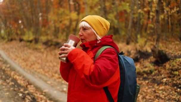 Bonjour l'automne. Heureuse femme des années 50 en vêtements jaunes colorés boire du café tout en marchant dans le parc forestier d'automne dans la nature — Video