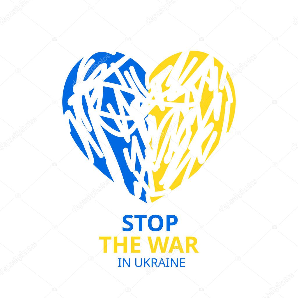 Patriotic Ukraine heart flag shape vector icon. Ukrainian country symbols in blue yellow ua national colors on white background. Stop the war in Ukraine text