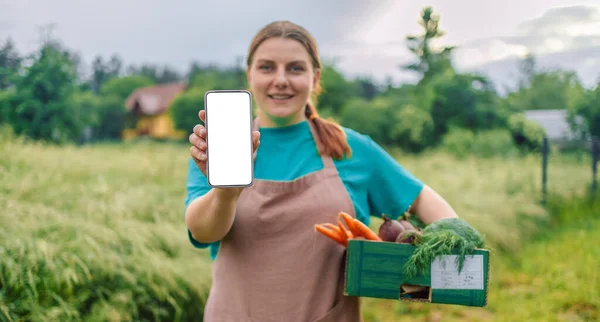 Mock up blank smart phone in farmer woman hands with fresh eco vegetable on green nature background. Online food market concept