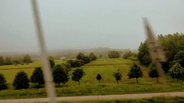 城市轨道交通侧窗风景秀丽 在雾蒙蒙的早晨 大自然的青山和森林 从火车上走 优质Fullhd影片 — 图库视频影像
