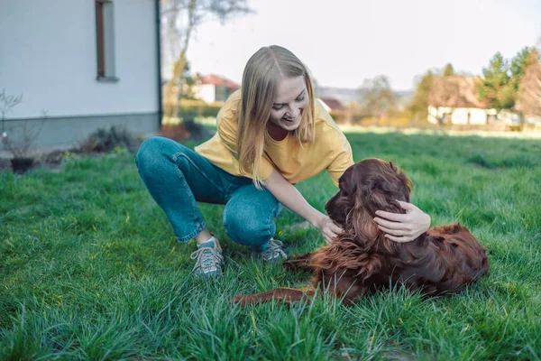 Ευτυχισμένο Νεαρό Κορίτσι Βρίσκεται Στο Γρασίδι Ένα Ιρλανδικό Σκυλί Ρυθμιστή — Φωτογραφία Αρχείου