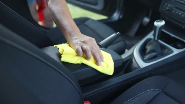 Woman Worker Cleaning Interior Car Cloth Spay — Video Stock
