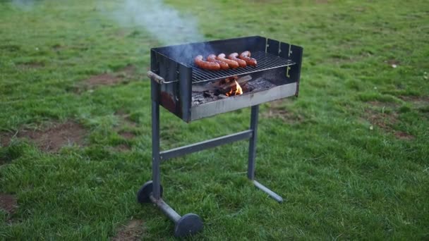 Fried Sausages Grill Outdoors Fried Food Fried Smoked Charcoal Grills — Stock video