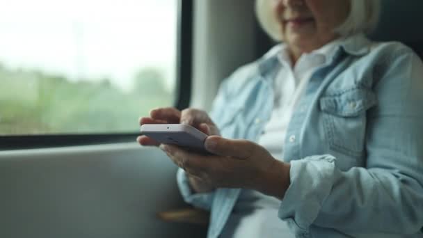 Woman Sitting Window Train Woman Uses Smartphone High Quality Fullhd — Vídeos de Stock