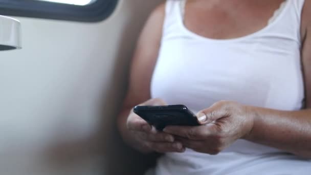 Senior Woman Travelling Train Daytime Woman Sitting Window Side View — Stok Video