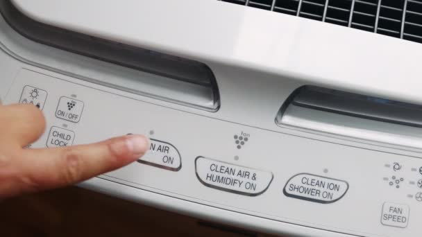 Button Air Purifier Caucasian Woman Hand Trying Press Button Portable — Αρχείο Βίντεο