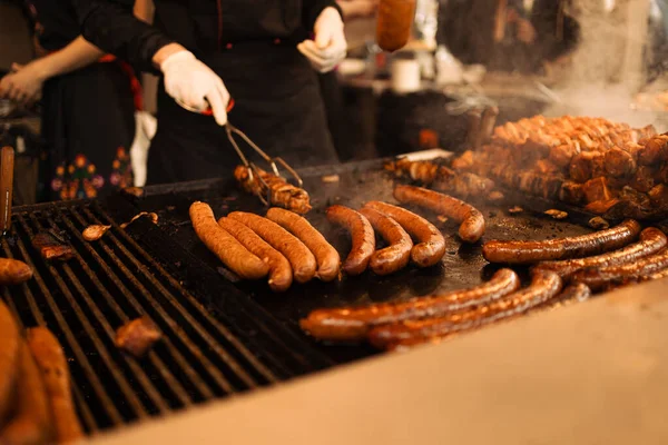 Blurry Background Bbq Street Food Sale Fried Baked Sausages Hot — Stockfoto