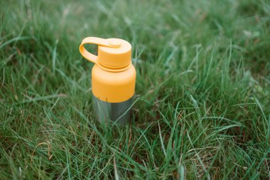 Water bottle. Reusable steel thermo water bottle on green grass. Steel thermo water bottle 