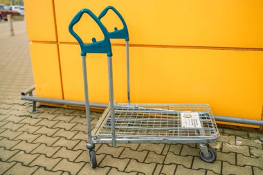 Krakow, Poland - April 26, 2022: ikea trolleys. IKEA is the worlds largest furniture retailer and sells ready to assemble furniture. Founded in Sweden in 1943. High quality photo
