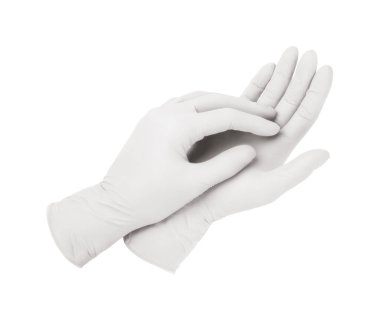 Tıbbi eldivenler. Beyaz arka planda elleri olan iki beyaz cerrahi eldiven. Lastik eldiven üretimi, insan eli lateks eldiven giyiyor. Doktor ya da hemşire koruyucu eldiven takıyor.