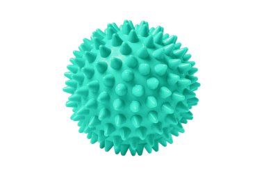 Beyaza izole edilmiş yeşil plastik dikenli masaj topu. Fizyoterapi ya da uygunluk kavramı. Beyaz arkaplandaki köpek dişleri için renkli lastik topun yakın çekimi. Corona virüs modeli